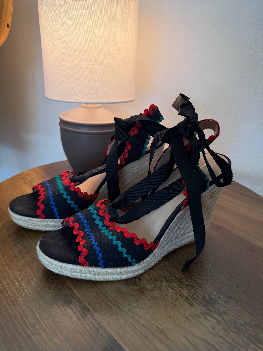 kate spade Black Espadrille Wedge Sandals with Red, Blue, Teal Trim